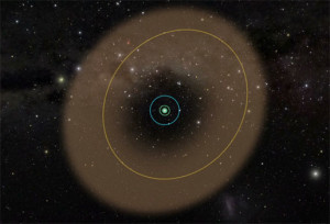 Sarı çizgi Phoebe'nin, yeşil ise Iapetus'un yörüngesini gösteriyor. Phoebe halkası Satürn sistemine çörek görünümü veriyor.[NASA]