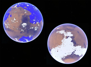 Mars'ın okyanuslarla kaplı ve buzul versiyonları. [Robin D. Wordsworth]