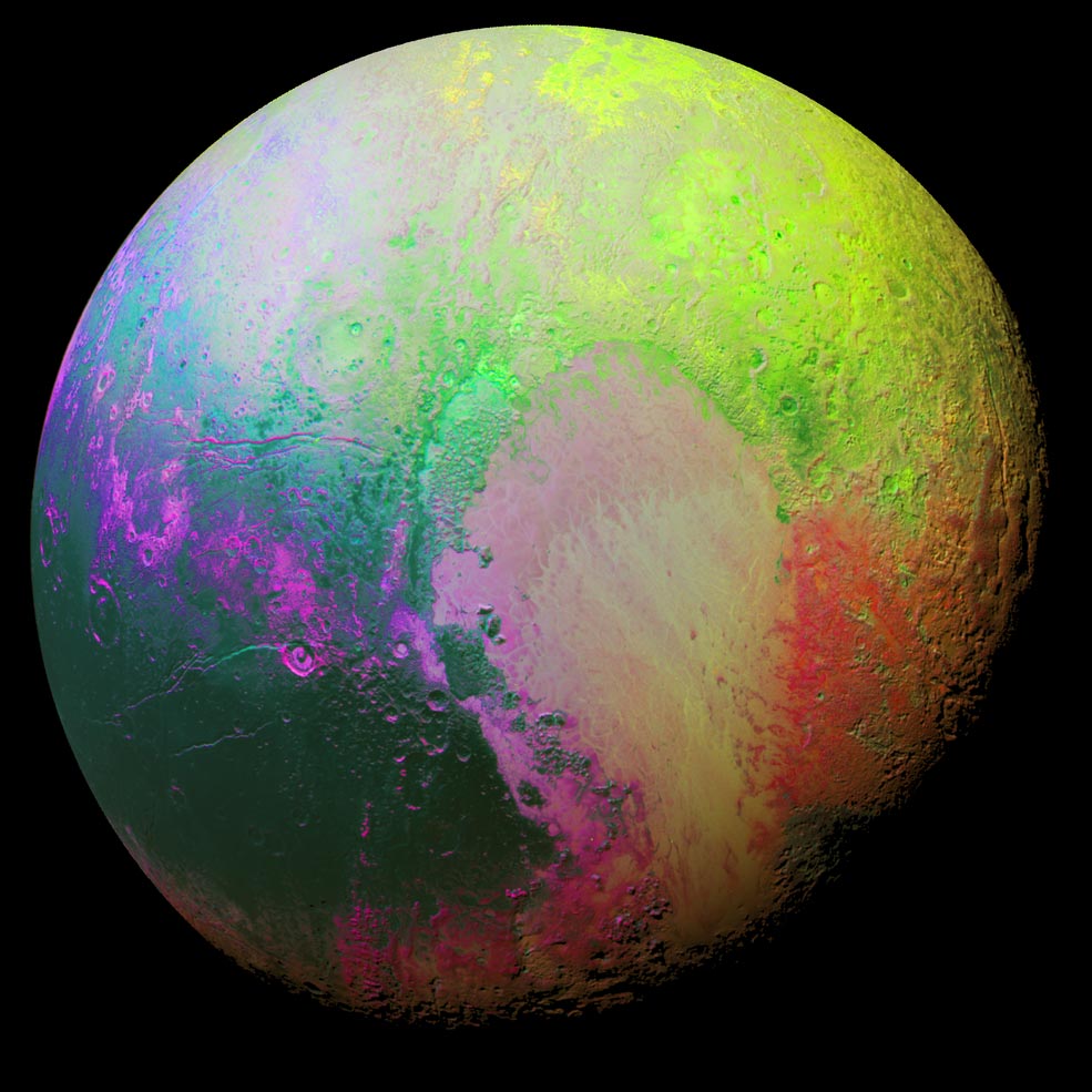 New Horizons tarafından 14 Temmuz 2015'te 25 bin km'den çekilen fotoğraf, Plüton'un jeolojik özelliklerine göre renklendirildi. [NASA]
