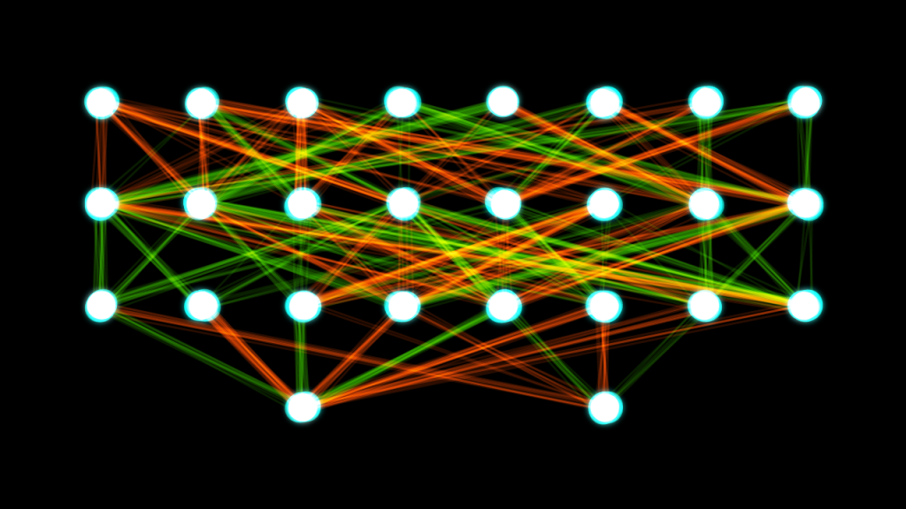 Her bir beyaz nokta yapay bir nöronu ve her bir renkli çizgi eğitilebilir bir parametreyi temsil ediyor.