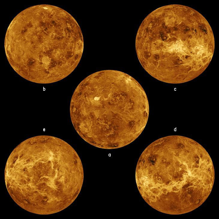 Magellan'ın görüntülediği 5 farklı küresel Venüs görüntüsü. [NASA]